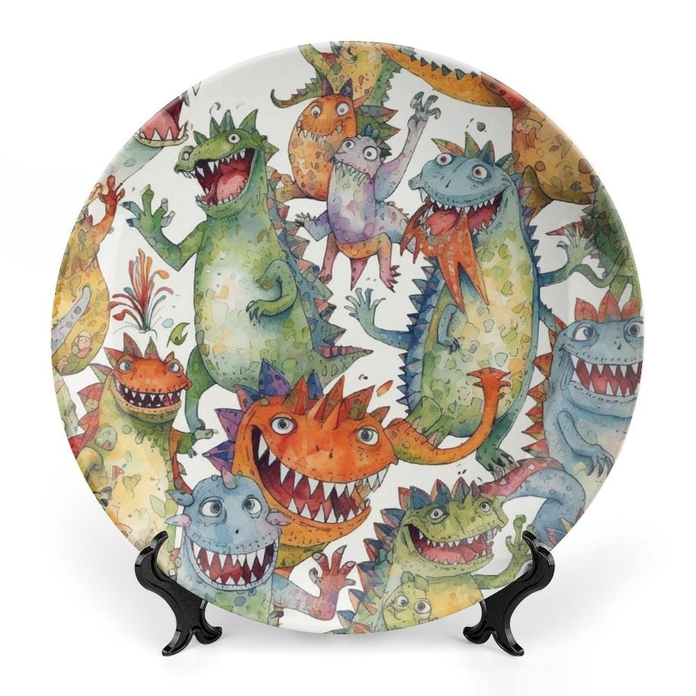 JKLQWH Decorative Bone China Plate with Stand, Chaotic Colorful Monsters, 6 in