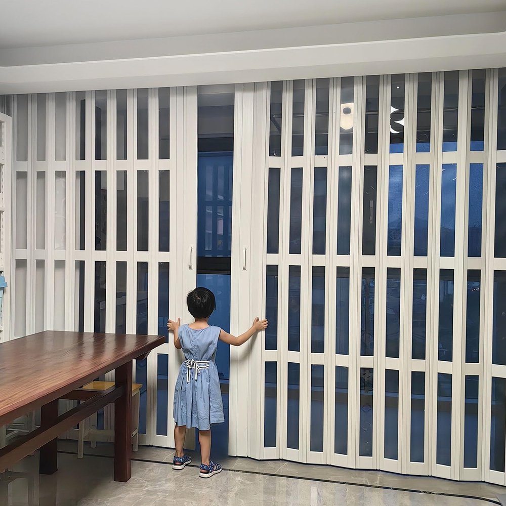 White PVC Folding Sliding Door with Transparent Acrylic Panel, Oak Effect, 142.2 x 203.2 cm