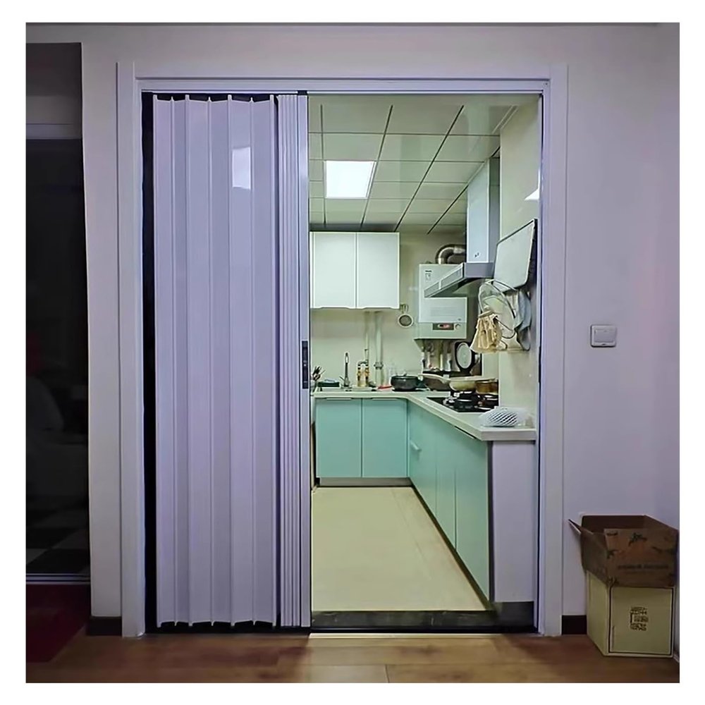 Aluminum Interior Folding Door, Privacy Screen, 147.3 x 203.2 cm, Gray-White, Accordion Sliding Door for Home and Commercial Room Dividers
