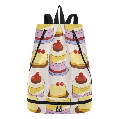 Amooorous Se Cartoon Food Cake Drawstring Bag for Men, Durable Swim Backpack with Wet and Dry Compartments, Air Travel Backpack