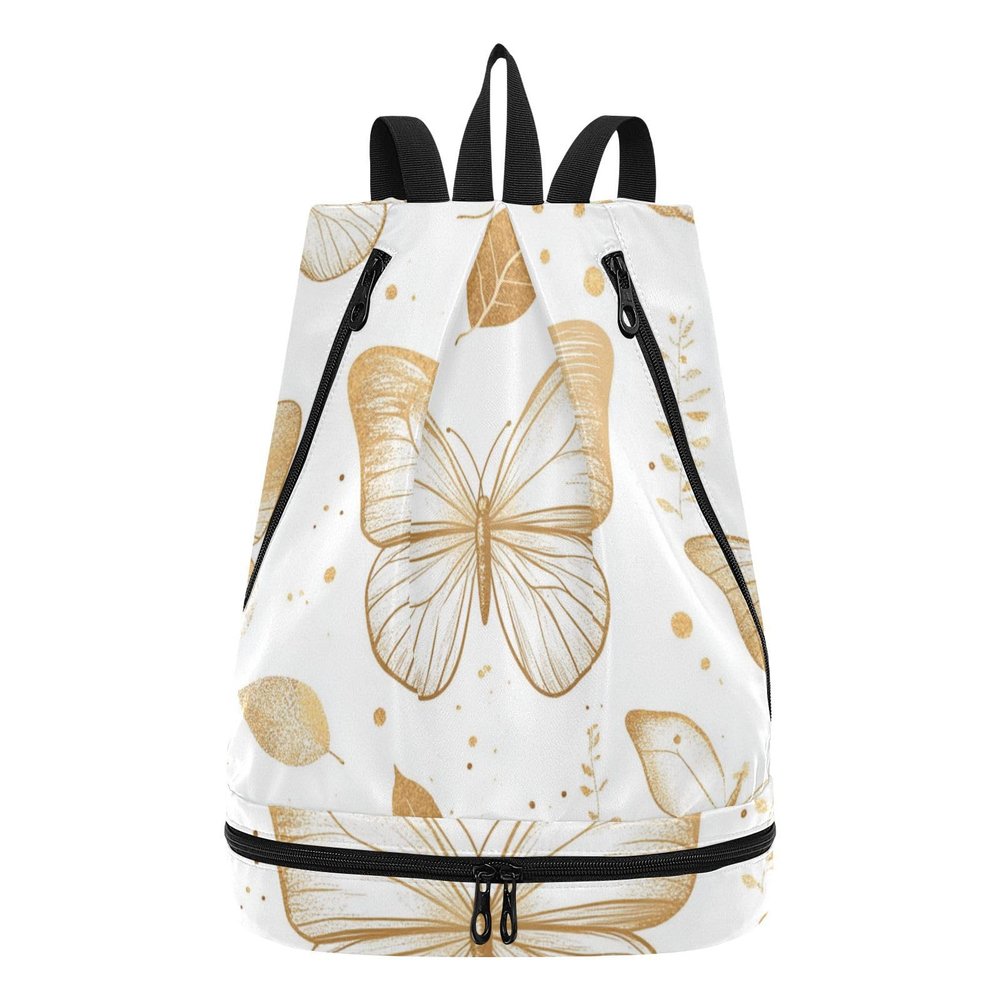 Amooorous Women's Drawstring Sports Bag with Golden Butterflies and Leaves