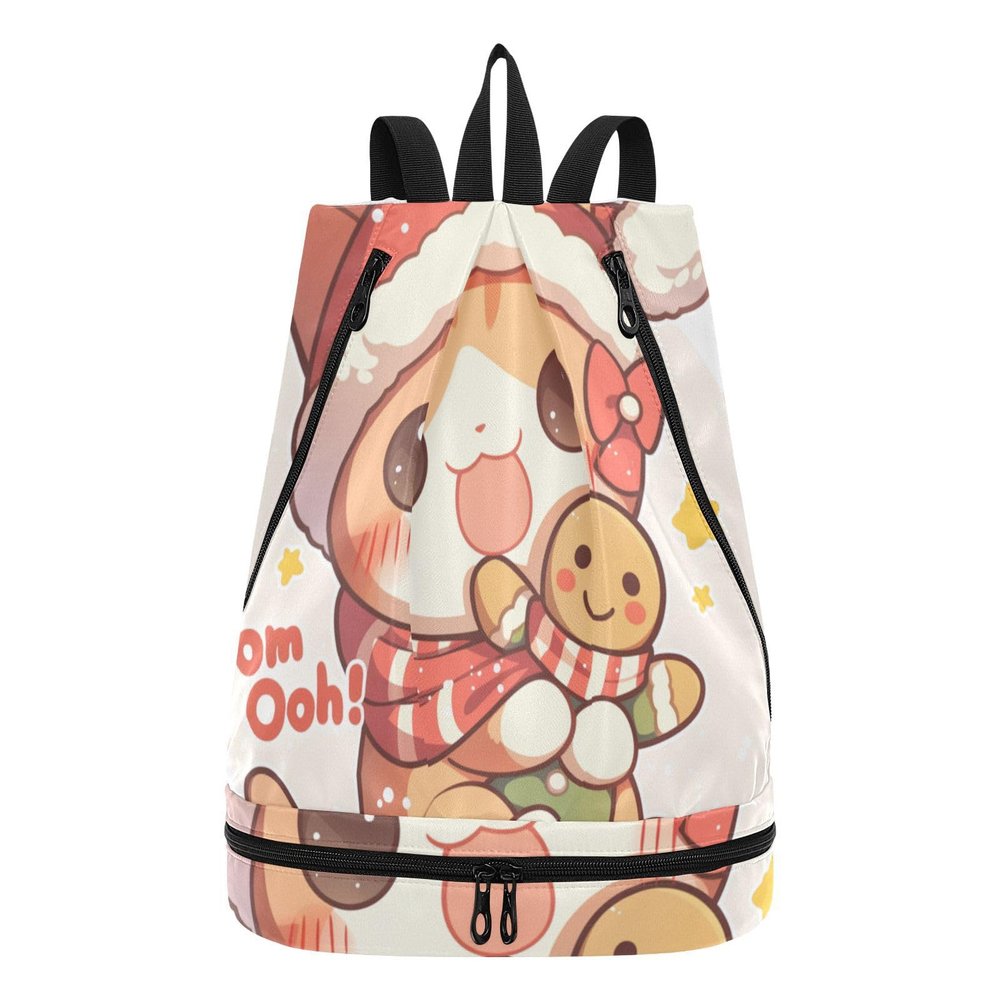 Cute White Christmas Gingerbread Cat Drawstring Sports Backpack for Women