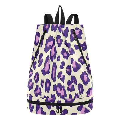 Amoorous Drawstring Sports Bag for Men, Leopard Print, Purple, for Yoga, Swimming, Beach