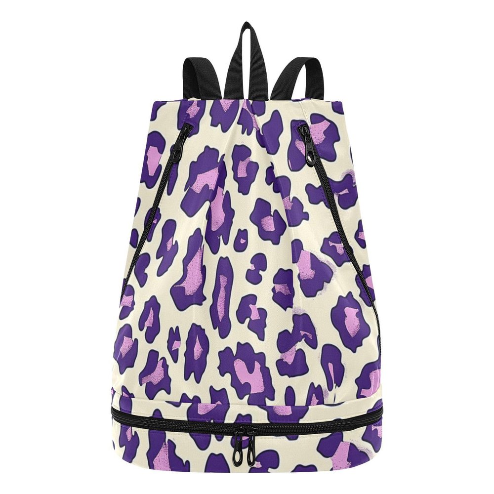 Amoorous Drawstring Sports Bag for Men, Leopard Print, Purple, for Yoga, Swimming, Beach