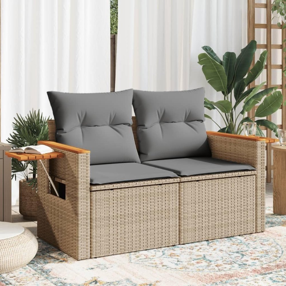 HUAKEHOM 2-Seater Patio Sofa with Cushions and Storage, Poly Rattan, Beige/Light Gray