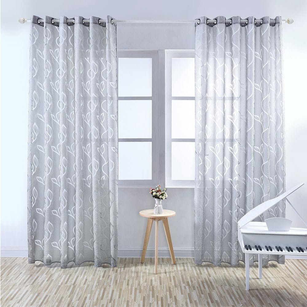 Lukery Sheer Curtains, 2-Piece Set, Leaf Pattern, Gray, 100 x 200 cm