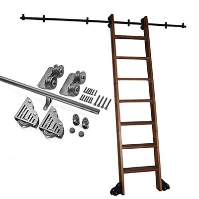 WUNMSKZR Sliding Ladder Hardware, Roller Track Kit for Libraries (Ladder Not Included), Sliding Barn Door Kit, Mobile Black Steel Round-Tube Ladder Rail with Floor Rollers and Extension