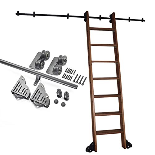 WUNMSKZR Sliding Ladder Hardware, Roller Track Kit for Libraries (Ladder Not Included), Sliding Barn Door Kit, Mobile Black Steel Round-Tube Ladder Rail with Floor Rollers and Extension