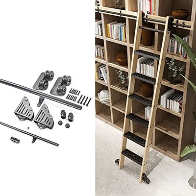 WUNMSKZR Library Ladder Hardware Kit, 3–20 ft Round Rail, Rustic Black, with Floor Rollers