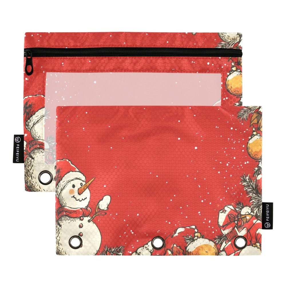 Red Snowman Christmas 3-Ring Pencil Pouches with Zippers, 2-Pack
