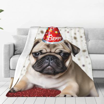QGGHNISD Cute Happy Birthday Pug Puppy Flannel Blanket, 40 x 30 in