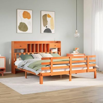 WKIEQACO Solid Pine Bookshelf Bed, Wax Brown, 180 x 200 cm
