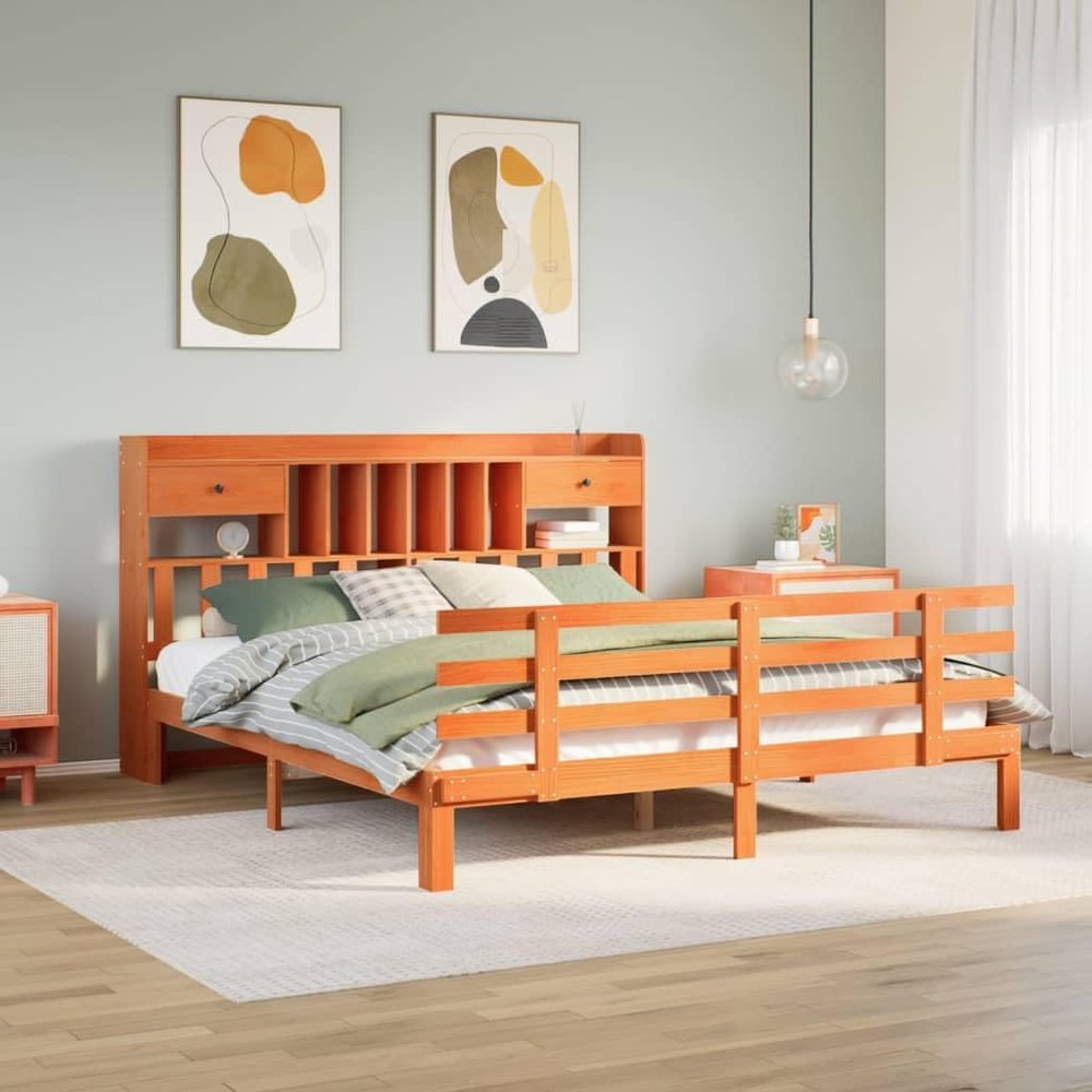 WKIEQACO Solid Pine Bookshelf Bed, Wax Brown, 180 x 200 cm