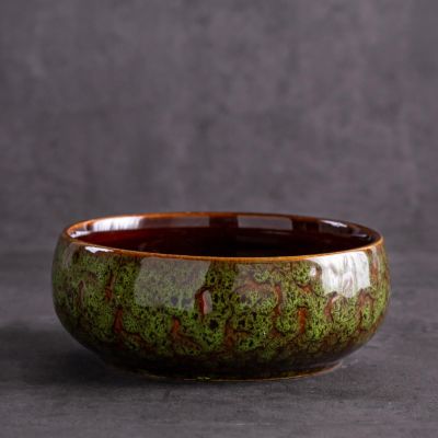 Lotus Planter Bowl, Large Ceramic Bonsai Bowl for Hydroculture, Retro Drip-Glaze Design, Green