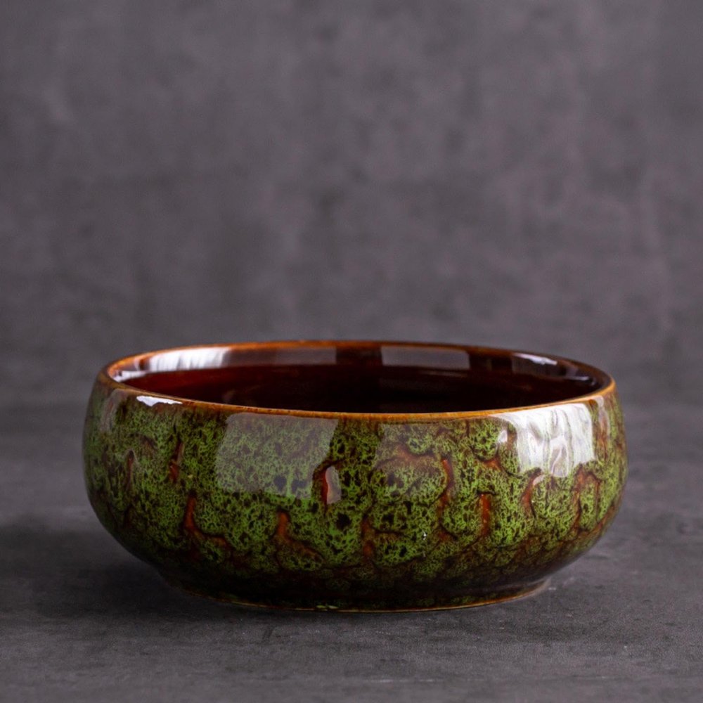 Lotus Planter Bowl, Large Ceramic Bonsai Bowl for Hydroculture, Retro Drip-Glaze Design, Green