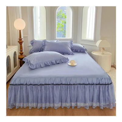 Skin-Friendly Polished Bedspread, Princess-Style Bed Skirt, Solid Color with Lace, Non-Slip, Blue, 2.0 x 2.2 m, 1 Piece