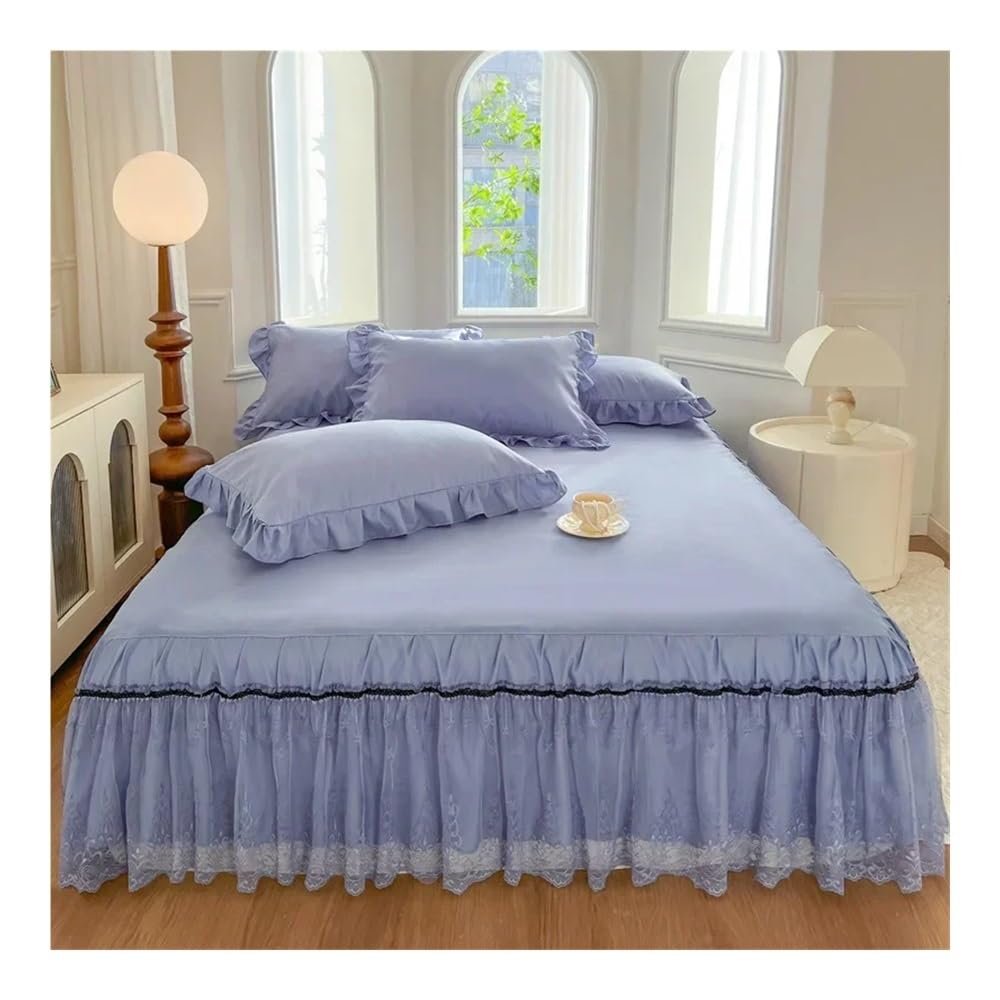Skin-Friendly Polished Bedspread, Princess-Style Bed Skirt, Solid Color with Lace, Non-Slip, Blue, 2.0 x 2.2 m, 1 Piece
