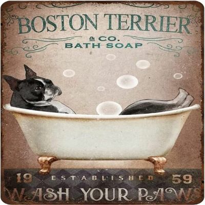 Rustic Retro Boston Terrier Metal Sign: Wash Your Paws