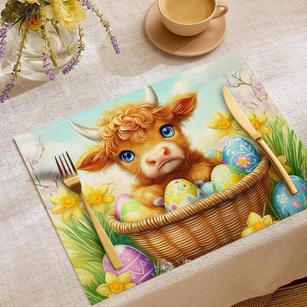 Cotton-Linen Placemats, Highland Cattle Easter Egg Design, 4-Pack, 45 x 30 cm