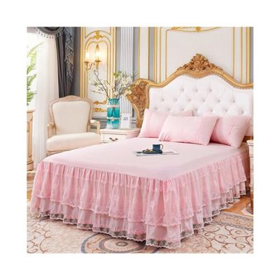 GENODA 3-Layer Ruffled Lace Bed Skirt, Pink, 180 x 200 x 45 cm