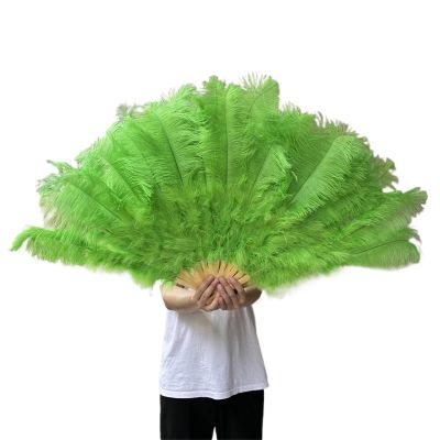 NRBMZYEN Folding Ostrich Feather Fan, 13 Ribs, 100/130 cm, Green, 2-Pack