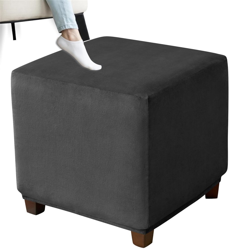 XDKS Square Ottoman Cover, Stretch Velvet Slipcover, Black, 45 × 45 × 45 cm