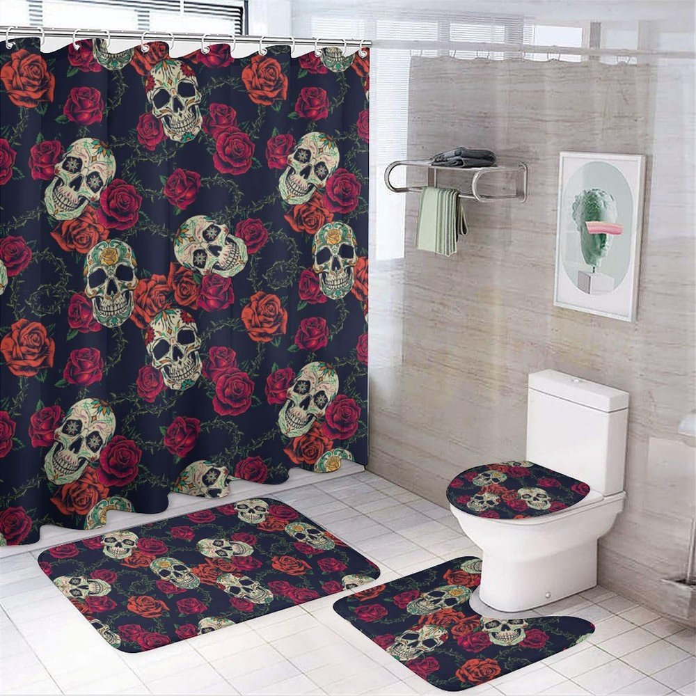 4-Piece Roses and Skulls Bathroom Set with Shower Curtain and Rugs