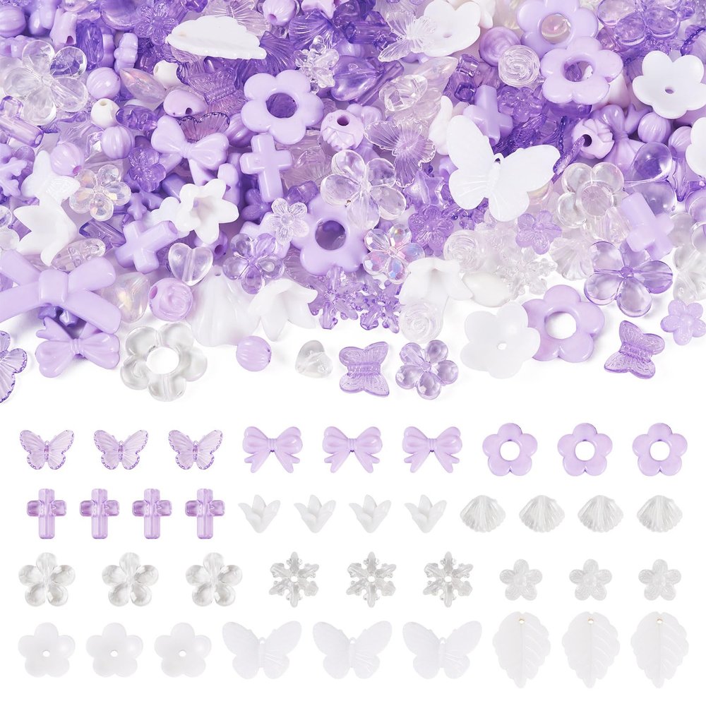 PandaHall Acrylic Beads, Mixed Shapes, Purple and White, 100 g