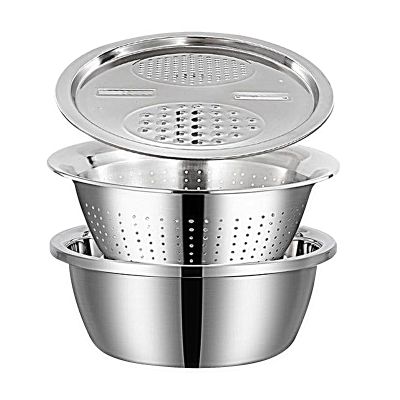 Stainless Steel Bowl with Grater, Strainer, and Fruit-Washing Basket