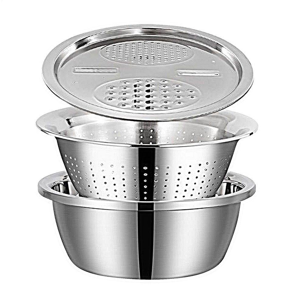 Stainless Steel Bowl with Grater, Strainer, and Fruit-Washing Basket