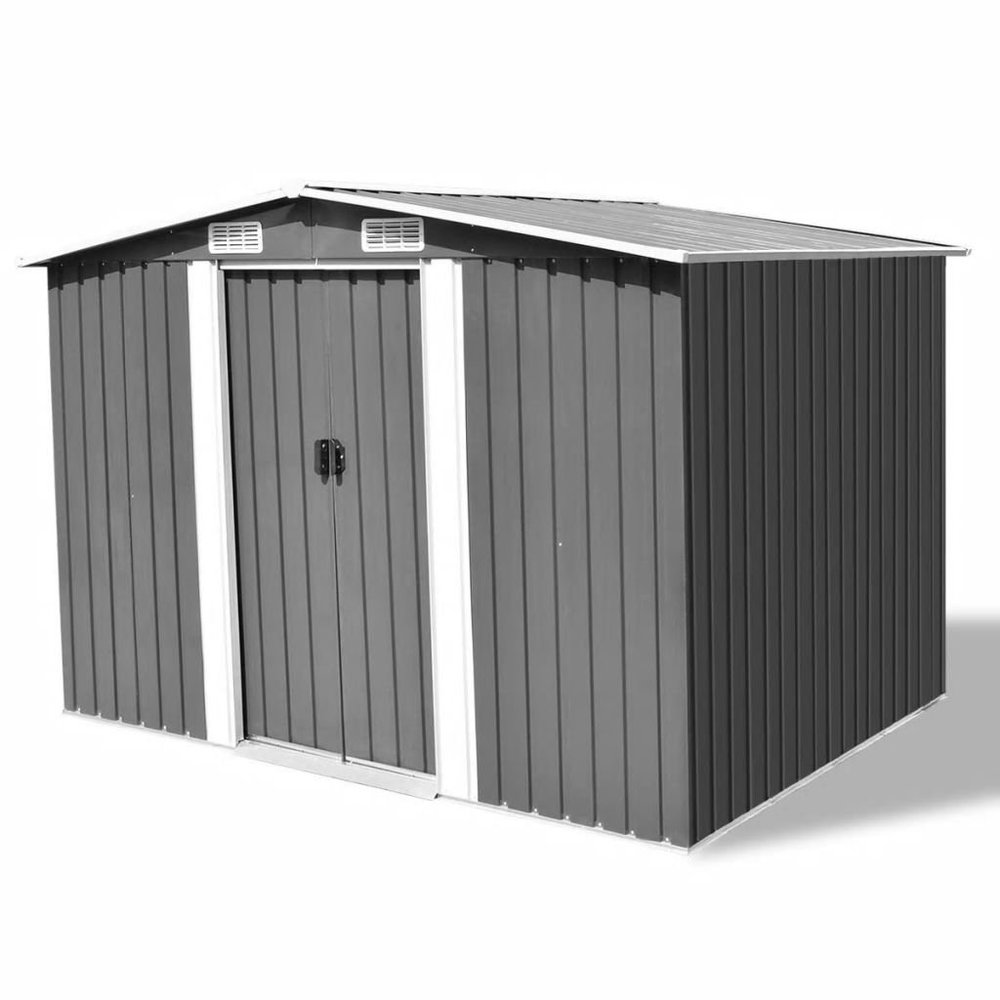 Large Steel Garden Shed with Bike Rack, Gray, 257 x 205 x 178 cm