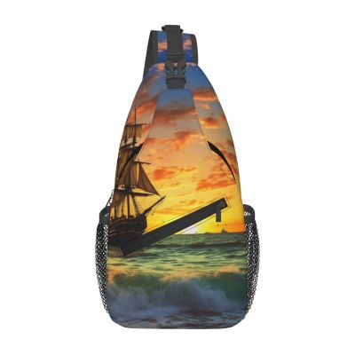 HEBSDFG Pirate Ship at Sunset Sling Backpack, Black, One Size