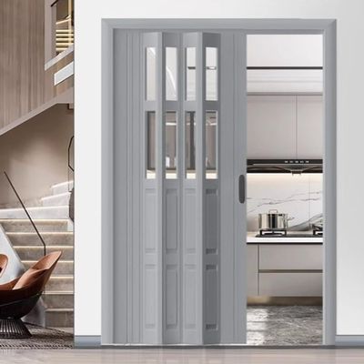 Custom-Size Gray PVC & Acrylic Concertina Door with Handle, 42 × 80 in (106 × 203 cm)