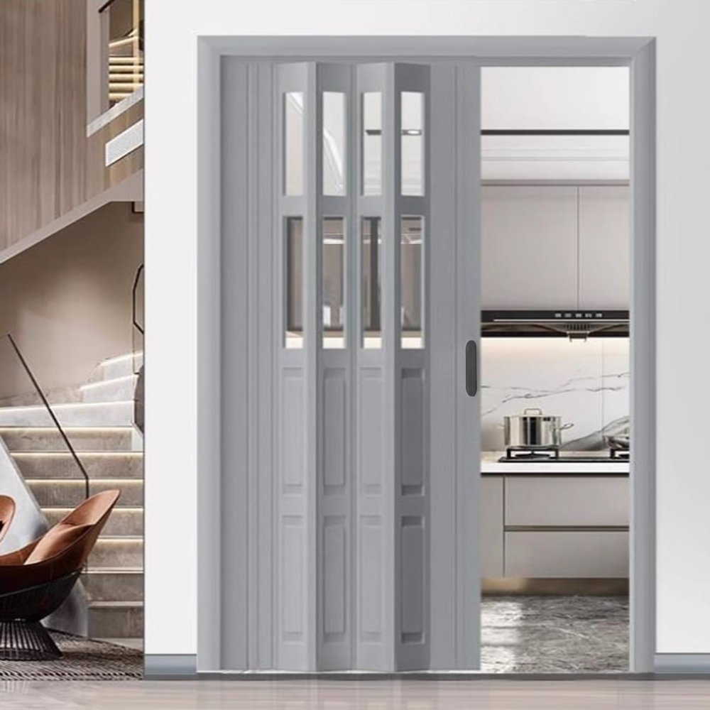 Custom-Size Gray PVC & Acrylic Concertina Door with Handle, 42 × 80 in (106 × 203 cm)