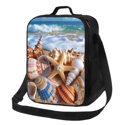 MKNAZ Shells on the Beach Printed Insulated Lunch Cooler Bag with Adjustable Shoulder Strap for Picnics, Office, and School