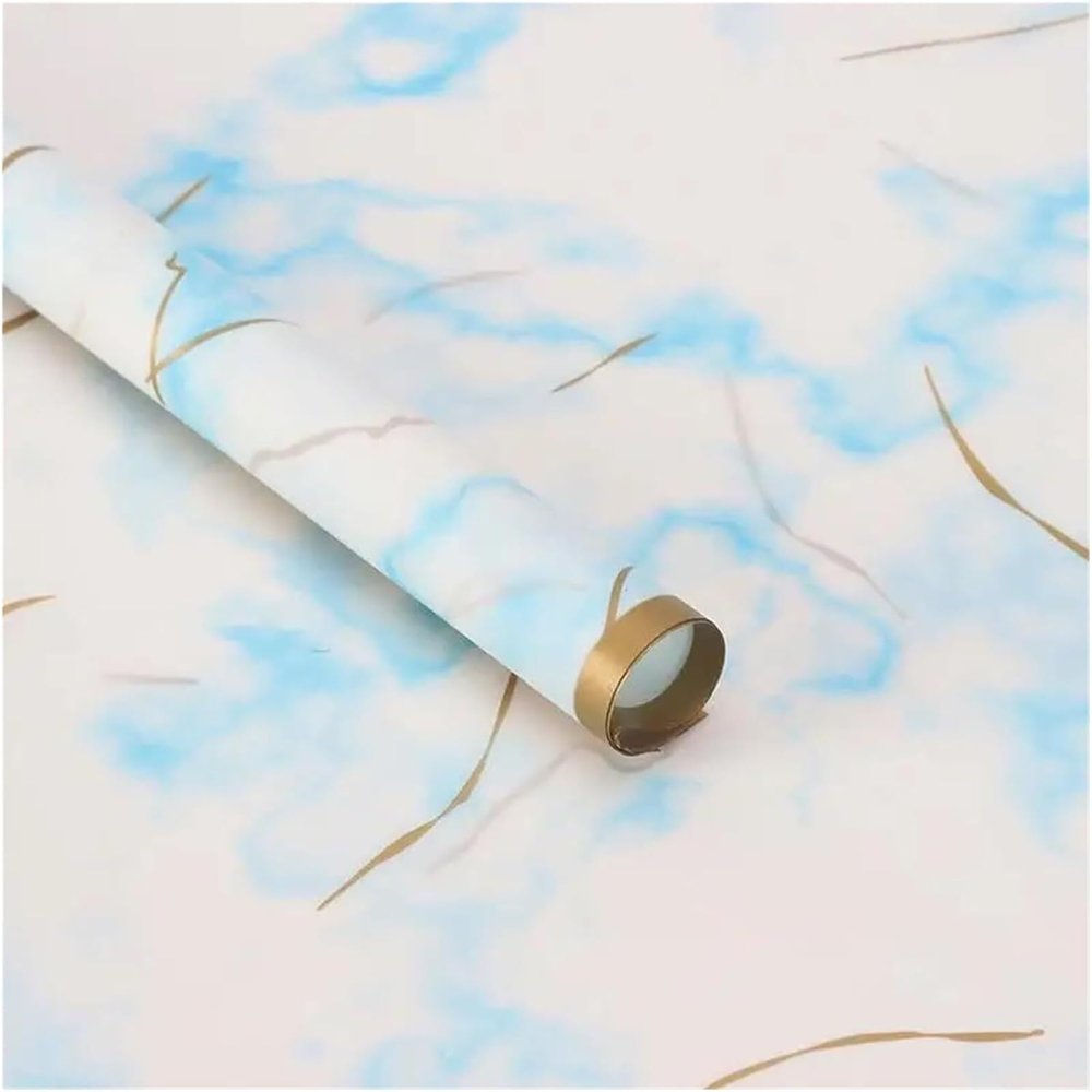 CTRSM Flower Bouquet Wrapping Paper, 20 Sheets, Gold Edge, Semi-Transparent Marble Style, Blue