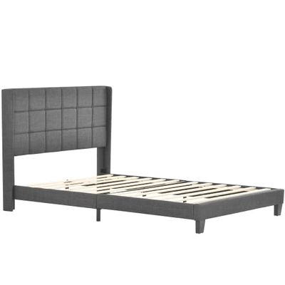 Upholstered Double Bed with Slatted Base, 140 x 200 cm, Gray Linen, Medium-Firm (with Innerspring Mattress)