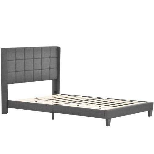 Upholstered Double Bed with Slatted Base, 140 x 200 cm, Gray Linen, Medium-Firm (with Innerspring Mattress)