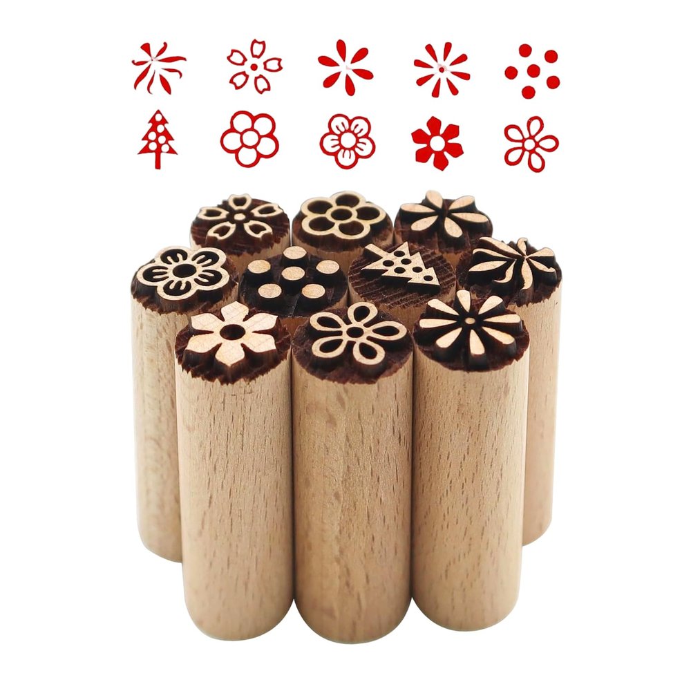 SZSMW 10-Piece Mini Stamps for Clay and Ceramics, Wooden Flower Stamps