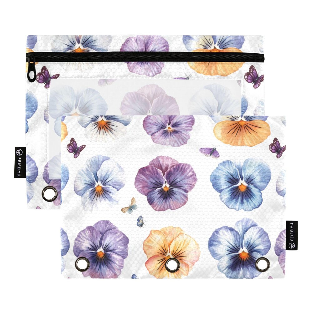 3-Ring Pencil Case with Zipper, Transparent, White, 2-Pack
