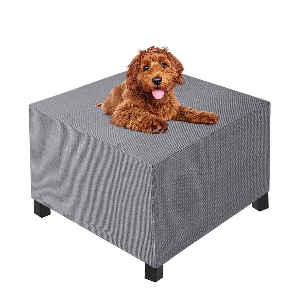 FANSU Ottoman Footstool Cover, Jacquard Stretch Slipcover, Soft Square Ottoman Protector, Washable, Light Gray, M