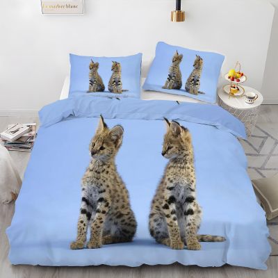 Blue 200 x 200 cm Serval Cat Reversible Bedding Set, Soft Breathable Microfiber Duvet Cover with 2 Pillowcases