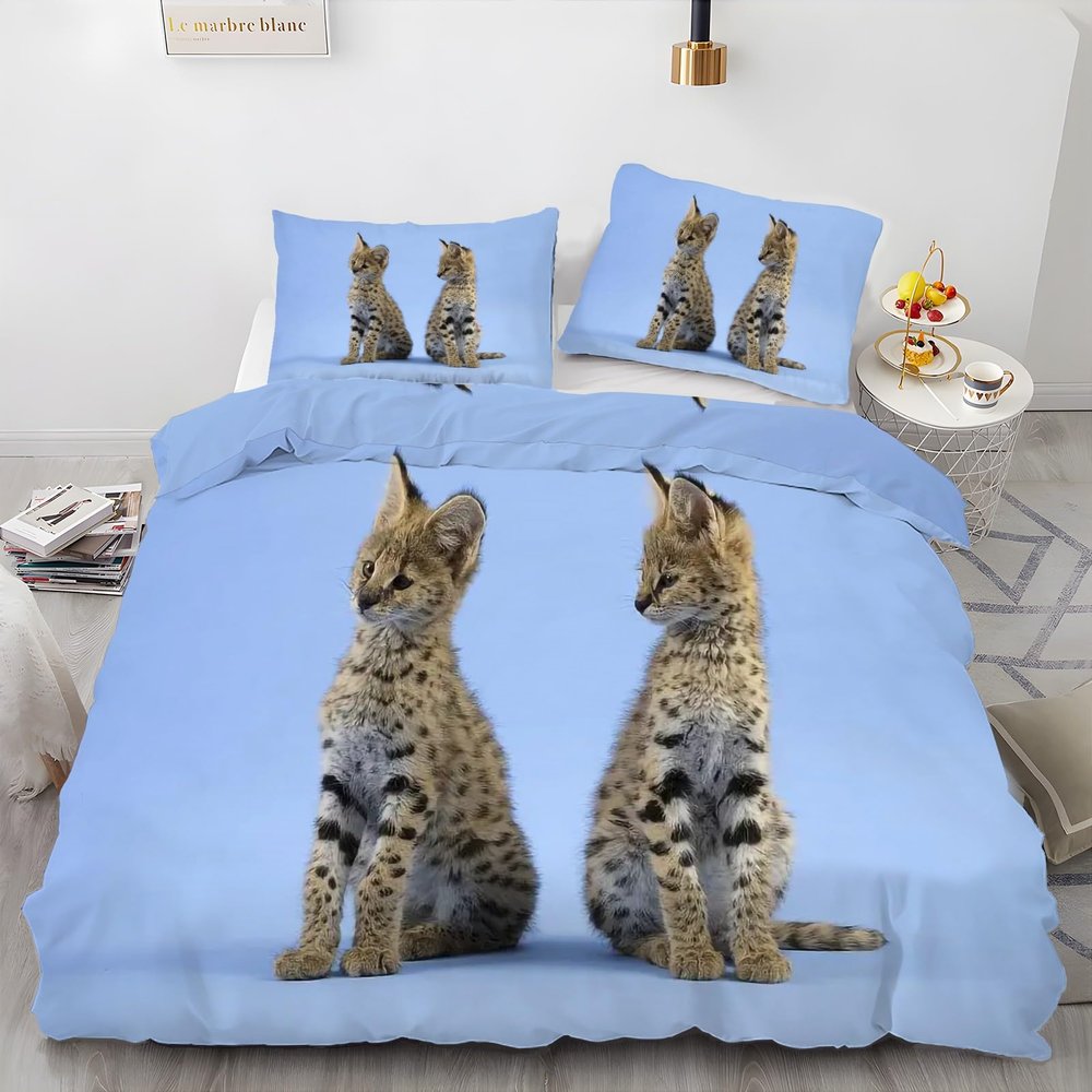 Blue 200 x 200 cm Serval Cat Reversible Bedding Set, Soft Breathable Microfiber Duvet Cover with 2 Pillowcases