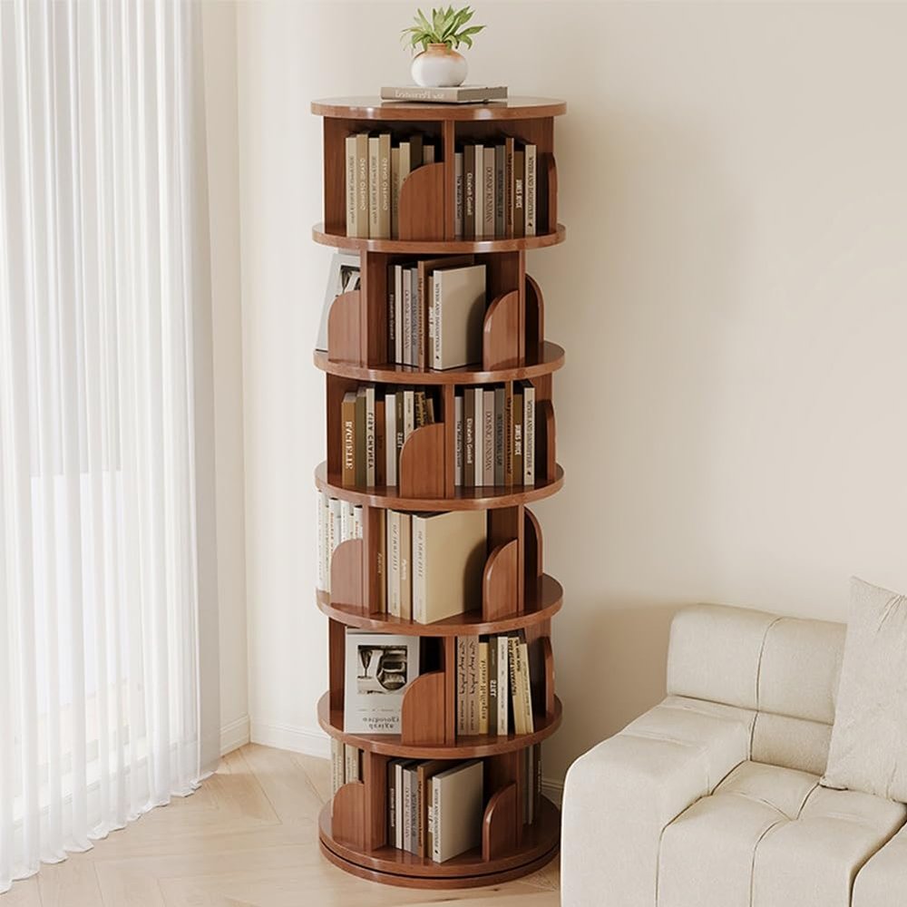 Rotating Solid Wood Bookshelf Tower, 360° Turntable Storage Rack