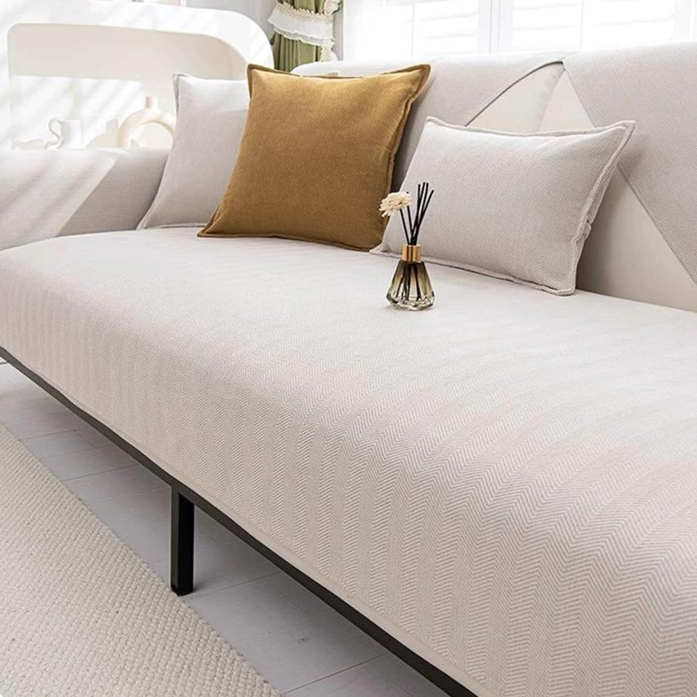 LZTET Chenille Sofa Cover for 1-, 2-, 3- or 4-Seater Sofas, Non-Slip, Off-White, 110 × 180 cm
