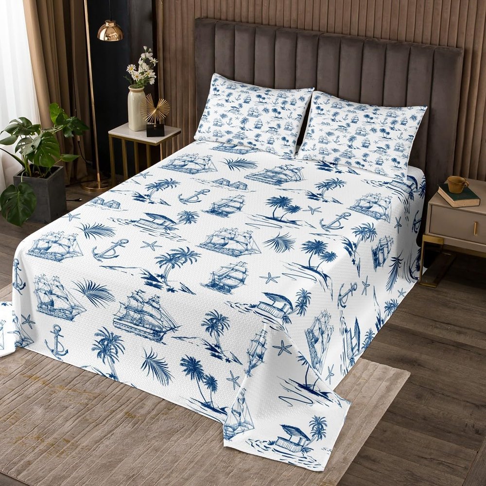 Manfei Nautical Sailboat Bedspread Set, Tropical Palm and Coconut Tree Retro Navy Blue Design