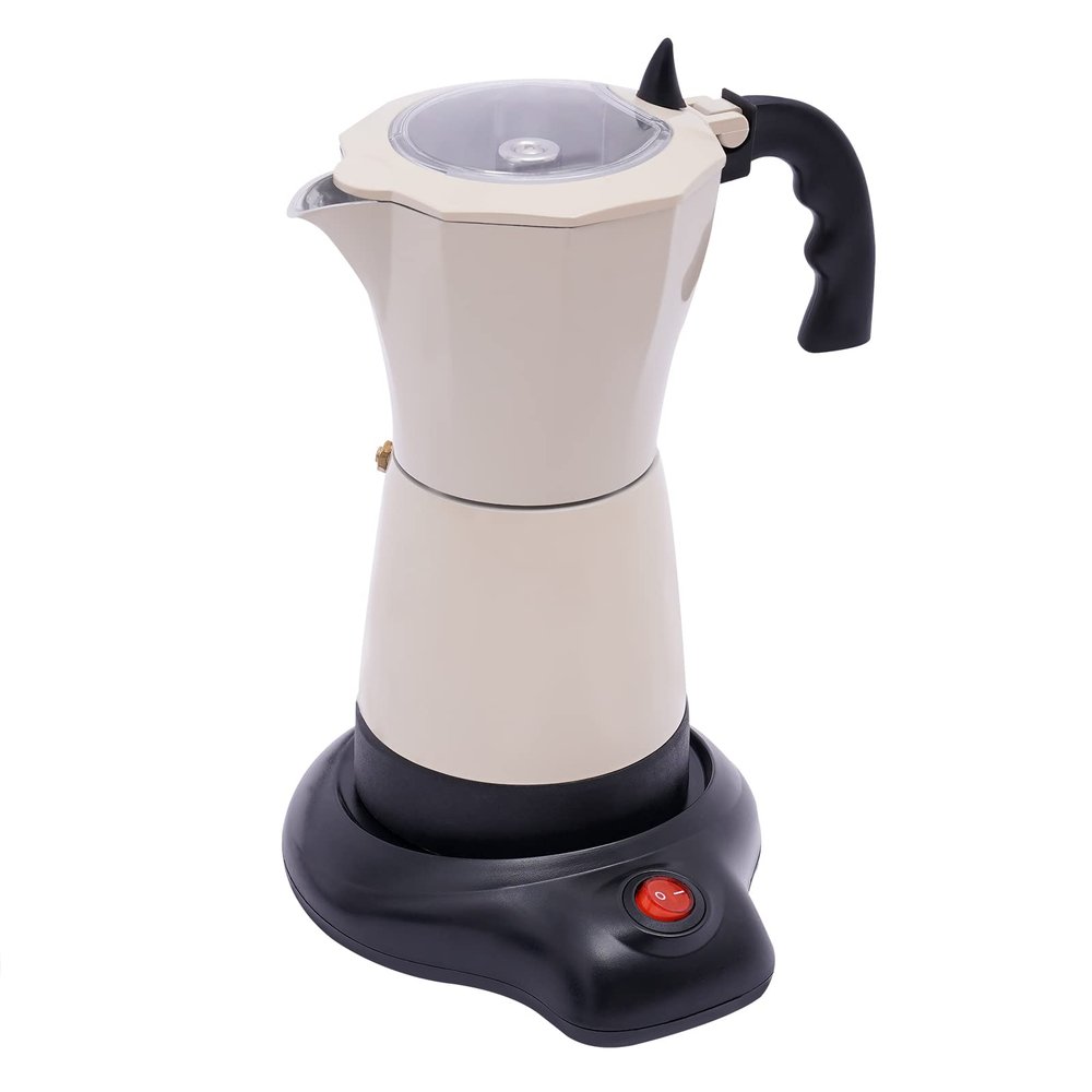 TkkMivcOC Induction Espresso Maker, 300 ml Aluminum Moka Pot with Transparent Lid, 480 W Electric Espresso Maker with Heat-Resistant Handle, for 1–6 People, Cream White