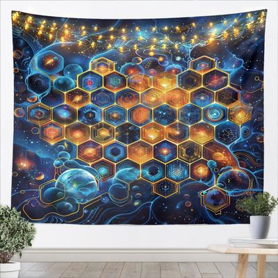 Loussiesd Honeycomb Tapestry, 130 x 150 cm, Blue and Gold Glitter Geometric Hexagon Design