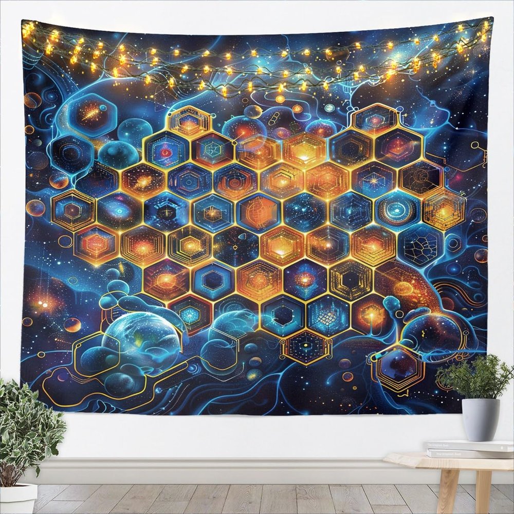 Loussiesd Honeycomb Tapestry, 130 x 150 cm, Blue and Gold Glitter Geometric Hexagon Design