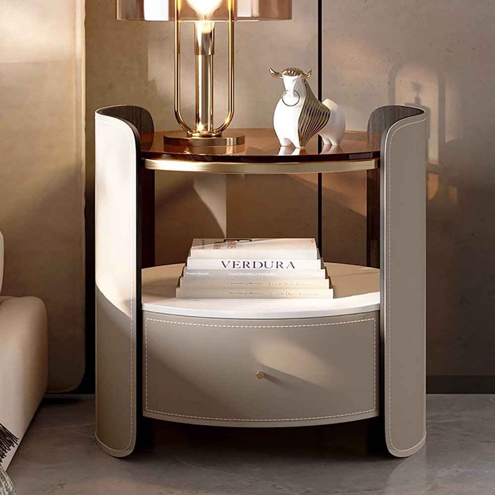 Round Solid Wood Nightstand with Open Storage Shelf, 49 x 50 cm